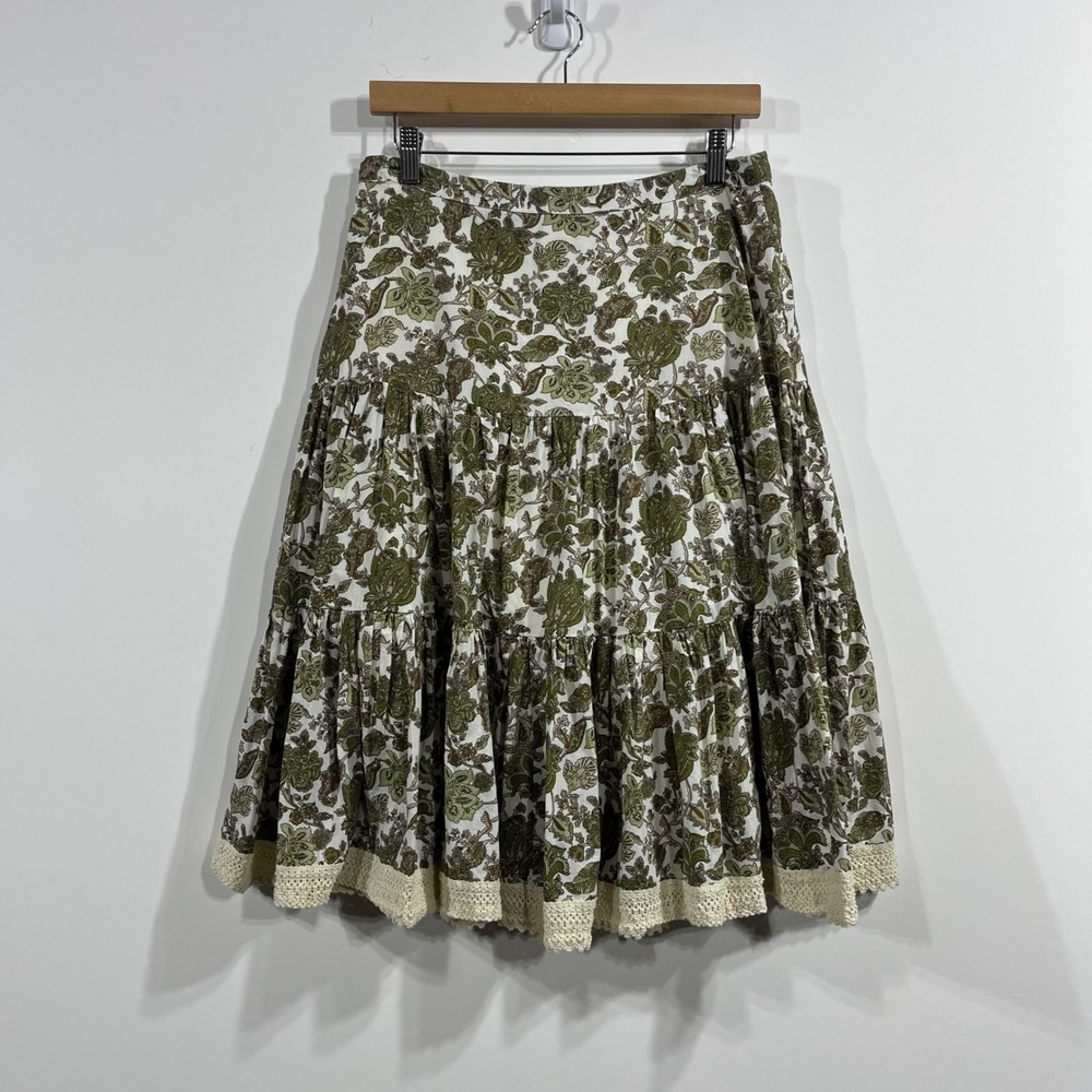 St‎ Johns Floral Tiered Midi Skirt Crochet Lace Trim Boho Cottagecore Womens 8